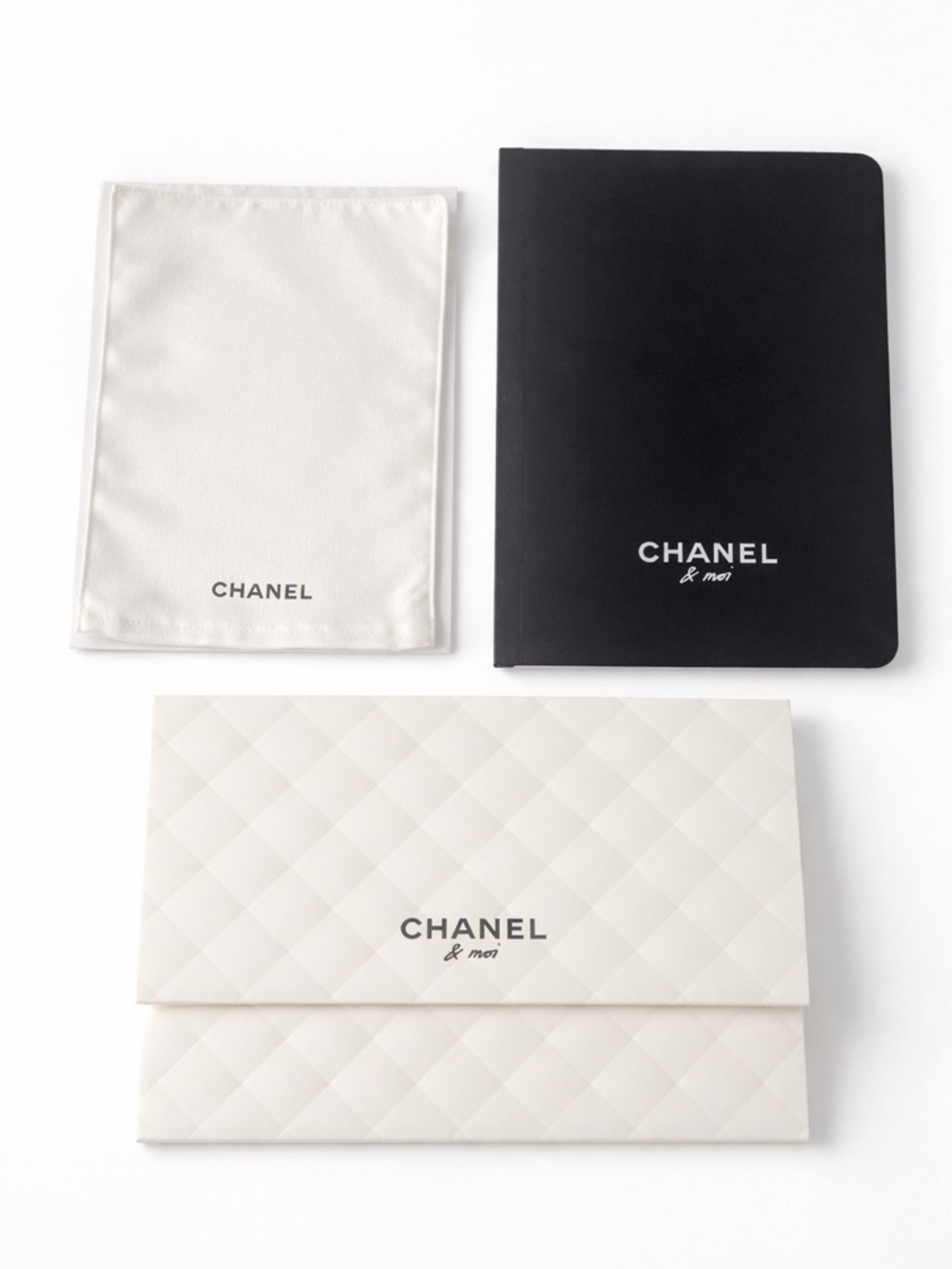 CHANEL Authentic Cleaning Cloth With Notebook & Quilted Folder Storage Pouch